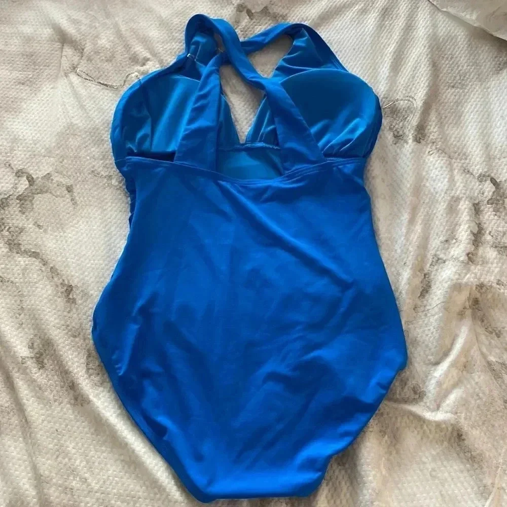 MICHAEL Michael Kors High Neck Shirred Cross Front One Piece Swimsuit
